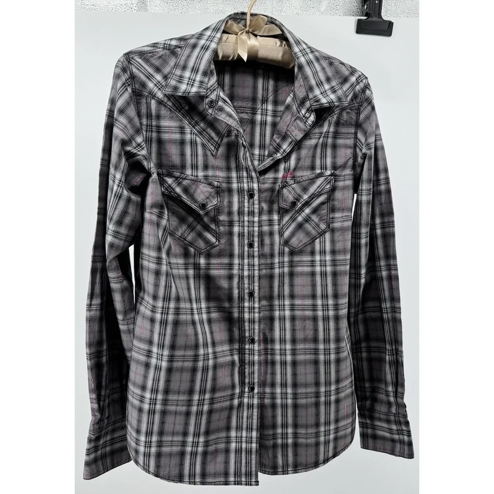 Cruel Girl Plaid Snap Shirt Youth L Gray Black Pink Western Cowgirl Rodeo Y2K